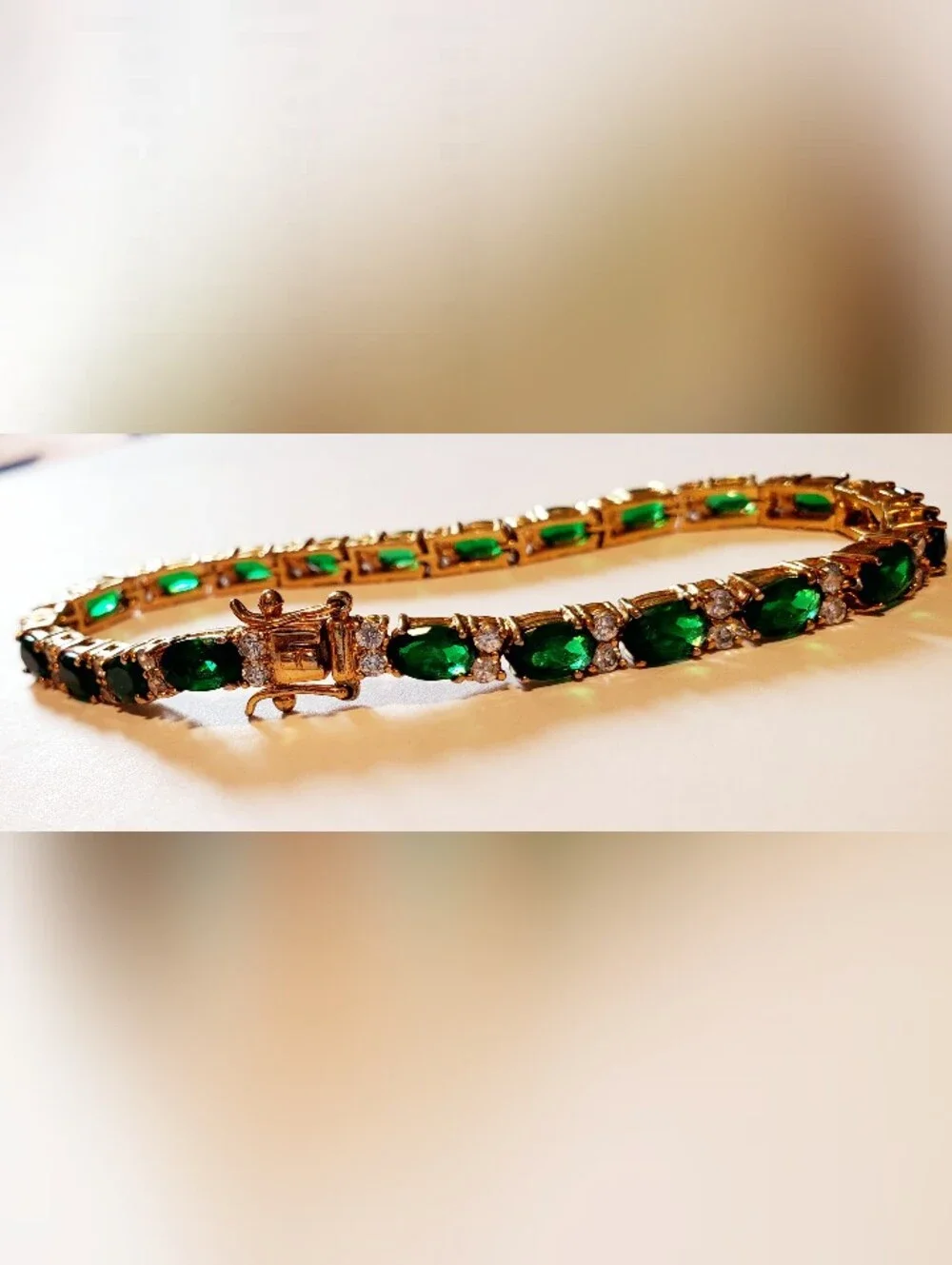 Gold Tennis Bracelet with Emerald Green Stones - Picture 4 of 5
